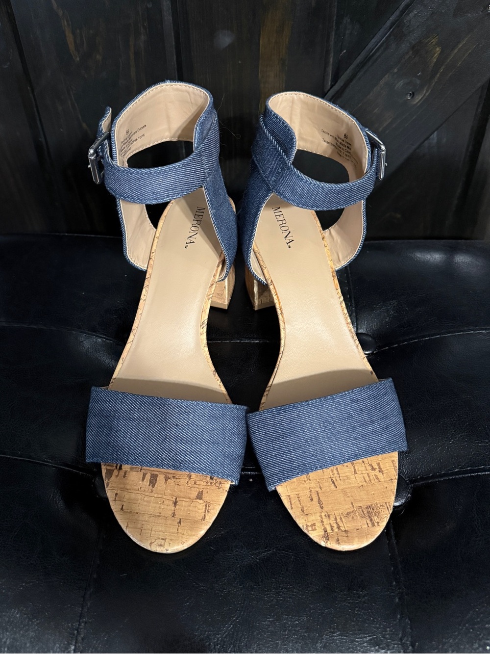 Merona Denim Blue Cork Block Heel Sandals size 8.5